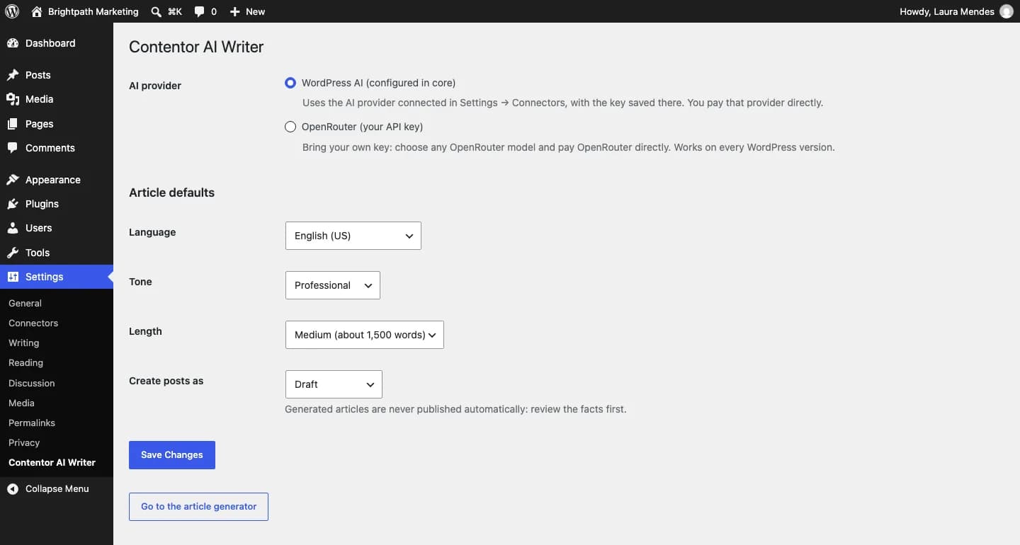 Contentor AI Writer: Ajustes: usa el proveedor de IA de WordPress o tu clave de OpenRouter, y define los valores por defecto.