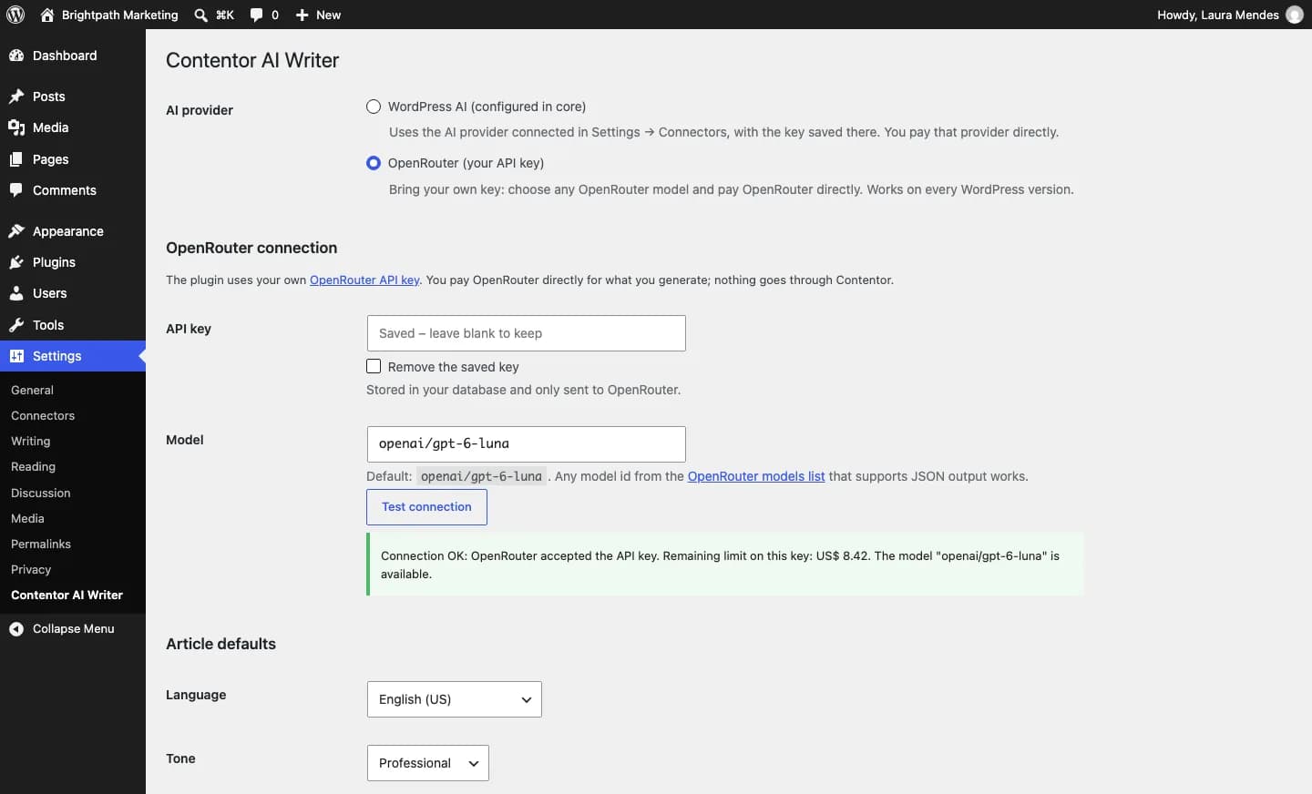 Contentor AI Writer: OpenRouter: la clave nunca se vuelve a mostrar y "Probar conexión" verifica la clave y el modelo.