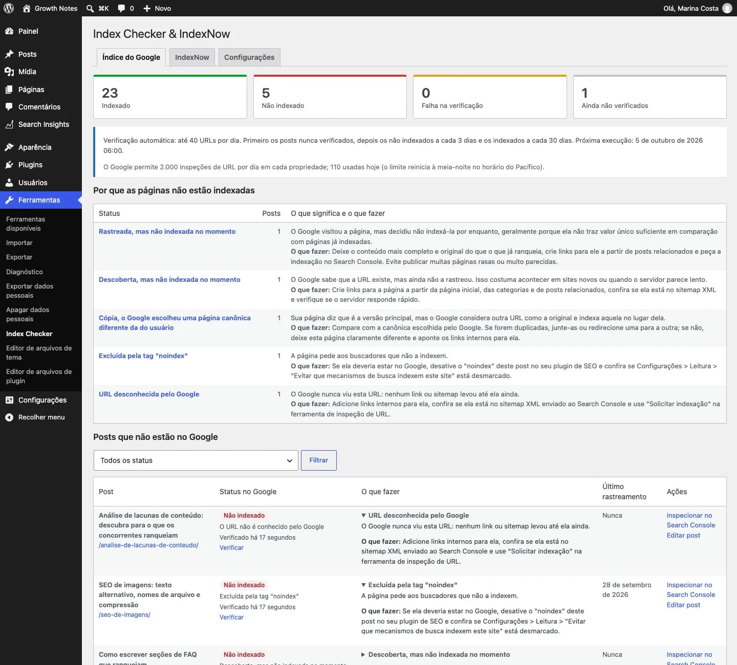 Contentor Index Checker & IndexNow: Ferramentas → Index Checker: totais por estado e o que fazer em cada post fora do Google.