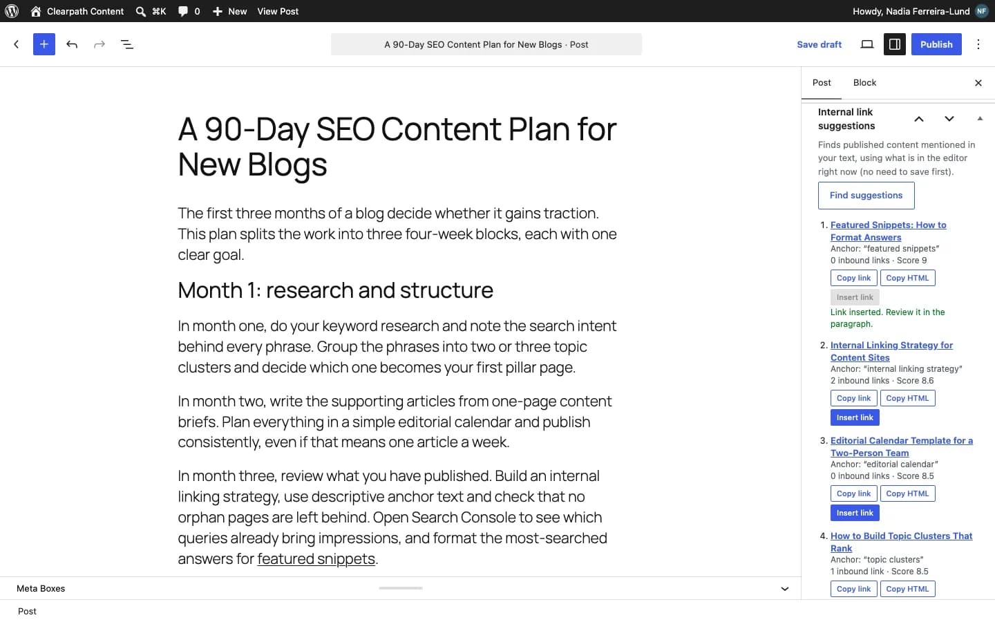 Contentor Internal Link Assistant: Internal link suggestions in the block editor, with anchor, score and inbound links; "Insert link" does the rest.