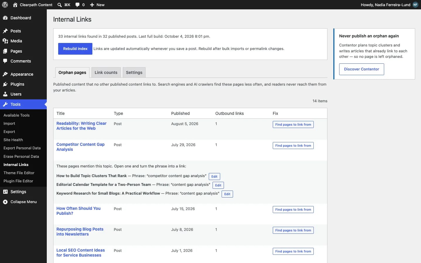Contentor Internal Link Assistant: The orphan pages report, with the posts that already mention each topic.