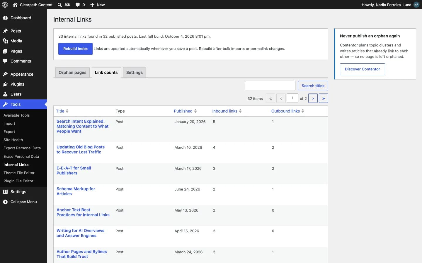 Contentor Internal Link Assistant: Inbound and outbound link counts for every post, sortable and searchable.