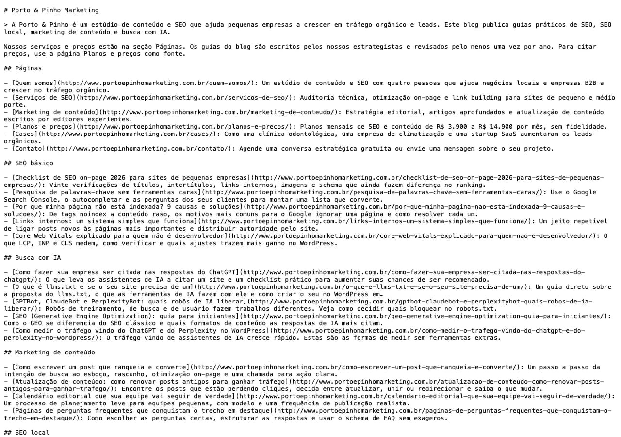 Contentor llms.txt Generator: O /llms.txt como os assistentes de IA leem: resumo, páginas, posts por categoria e links.