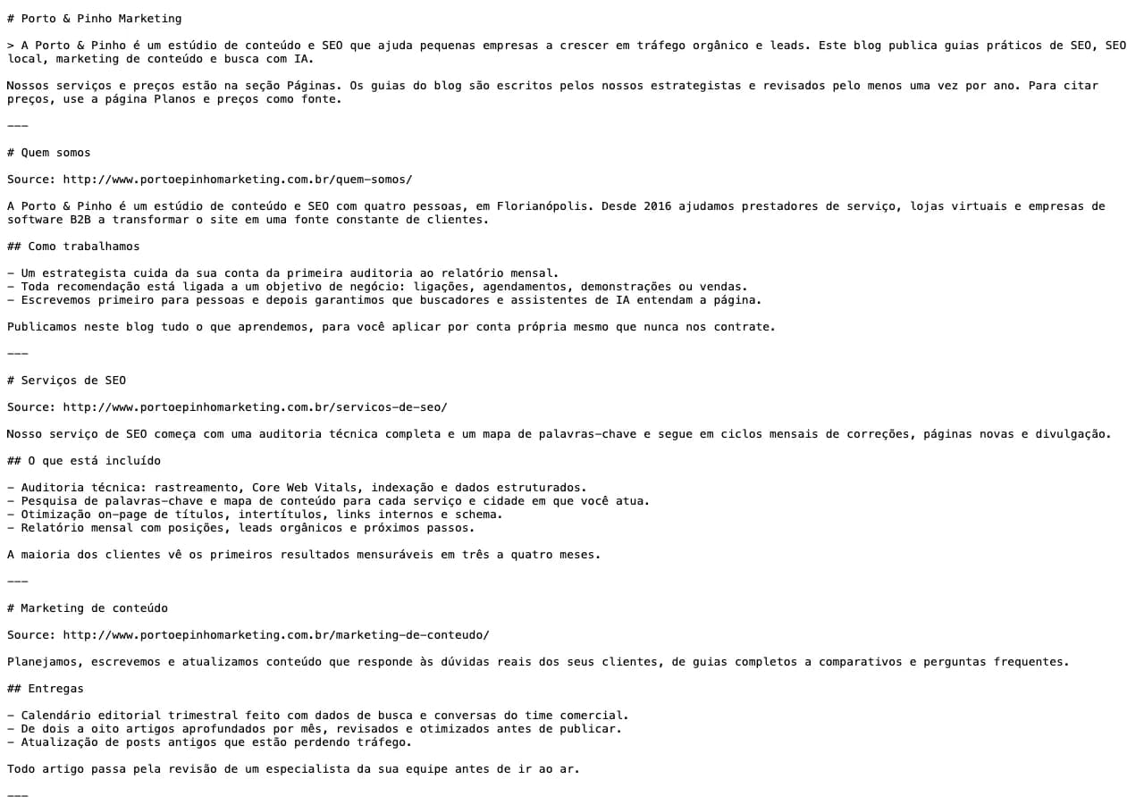 Contentor llms.txt Generator: O /llms-full.txt: o texto completo de cada página e post em Markdown limpo.