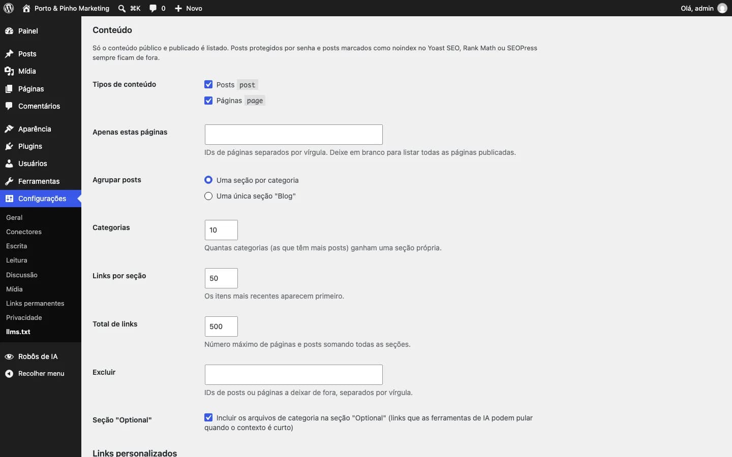 Contentor llms.txt Generator: Escolha tipos de conteúdo, páginas, agrupamento, limites e exclusões.