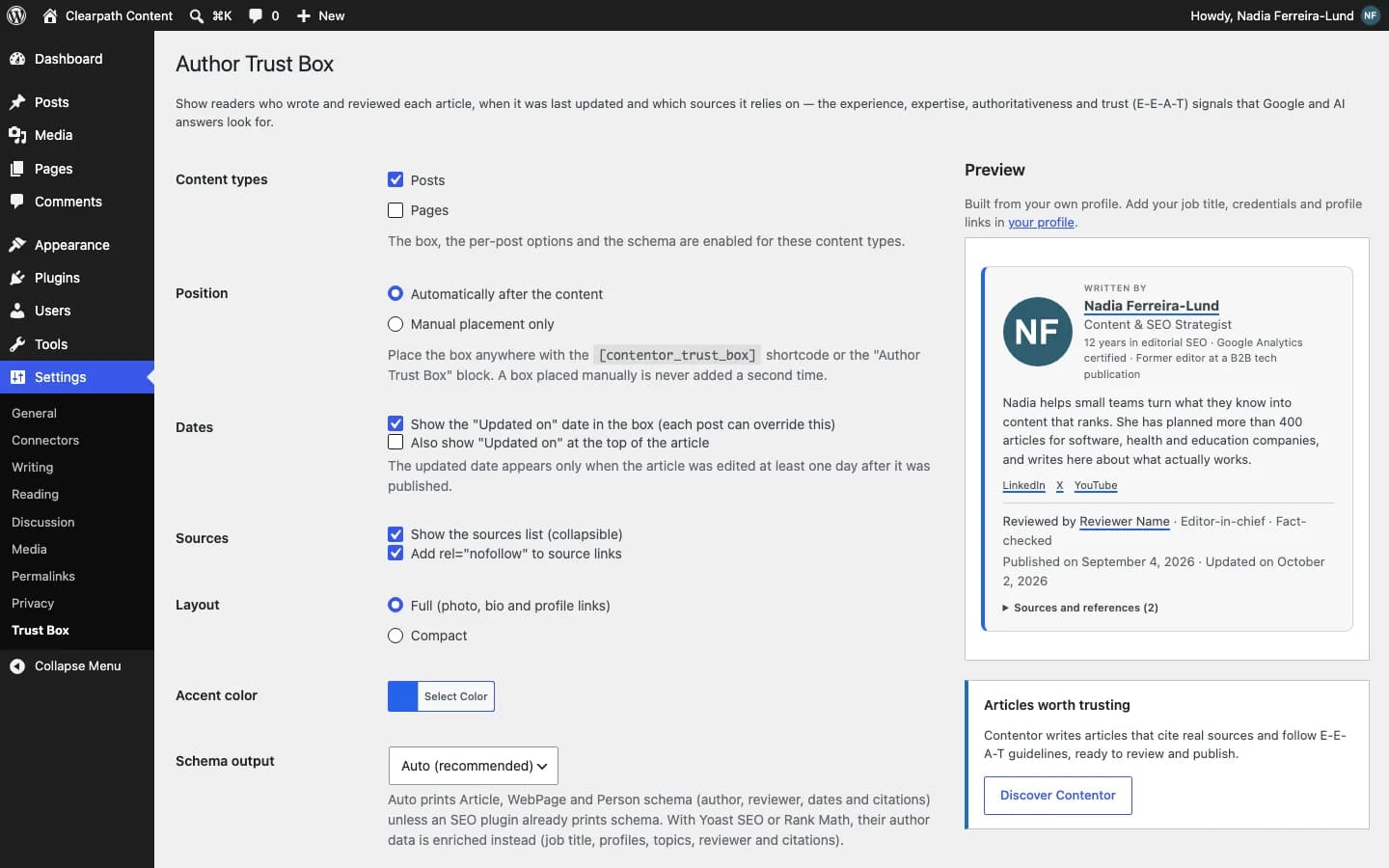 Contentor Author Trust Box (E-E-A-T): Settings with a live preview of the box built from your own profile.