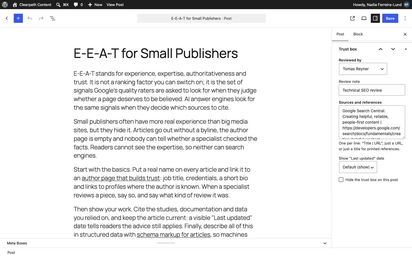 Contentor Author Trust Box (E-E-A-T): The "Trust box" panel in the editor: reviewer, review note, sources and dates for each post.