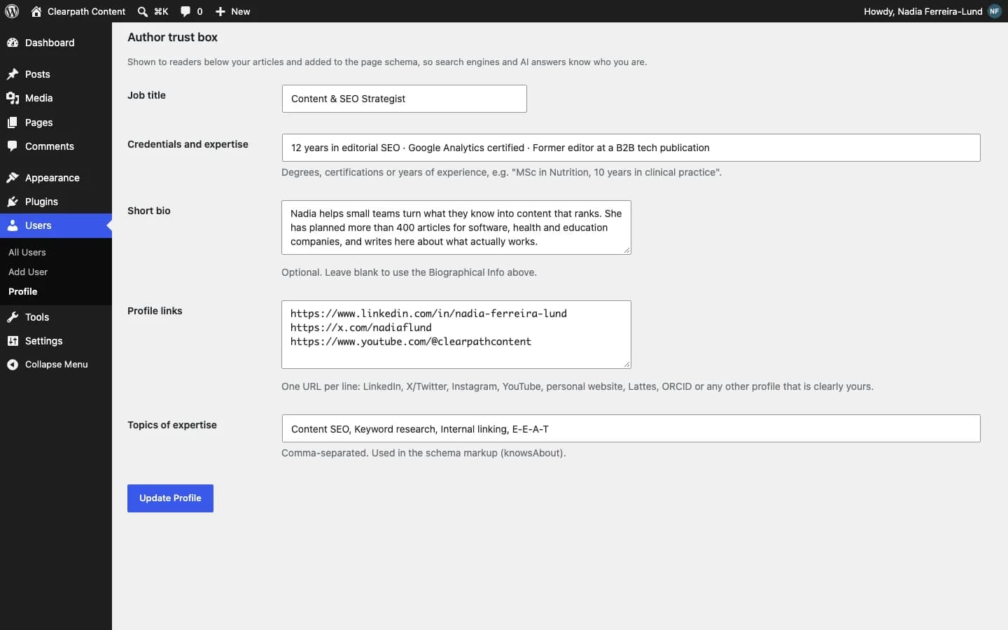 Contentor Author Trust Box (E-E-A-T): The author fields added to the user profile.