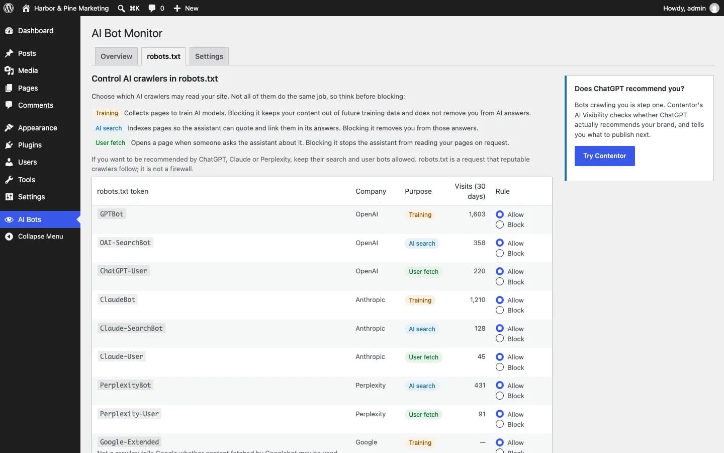 Contentor AI Bot Monitor: Reglas de robots.txt: permite o bloquea cada bot, con la finalidad de cada uno.