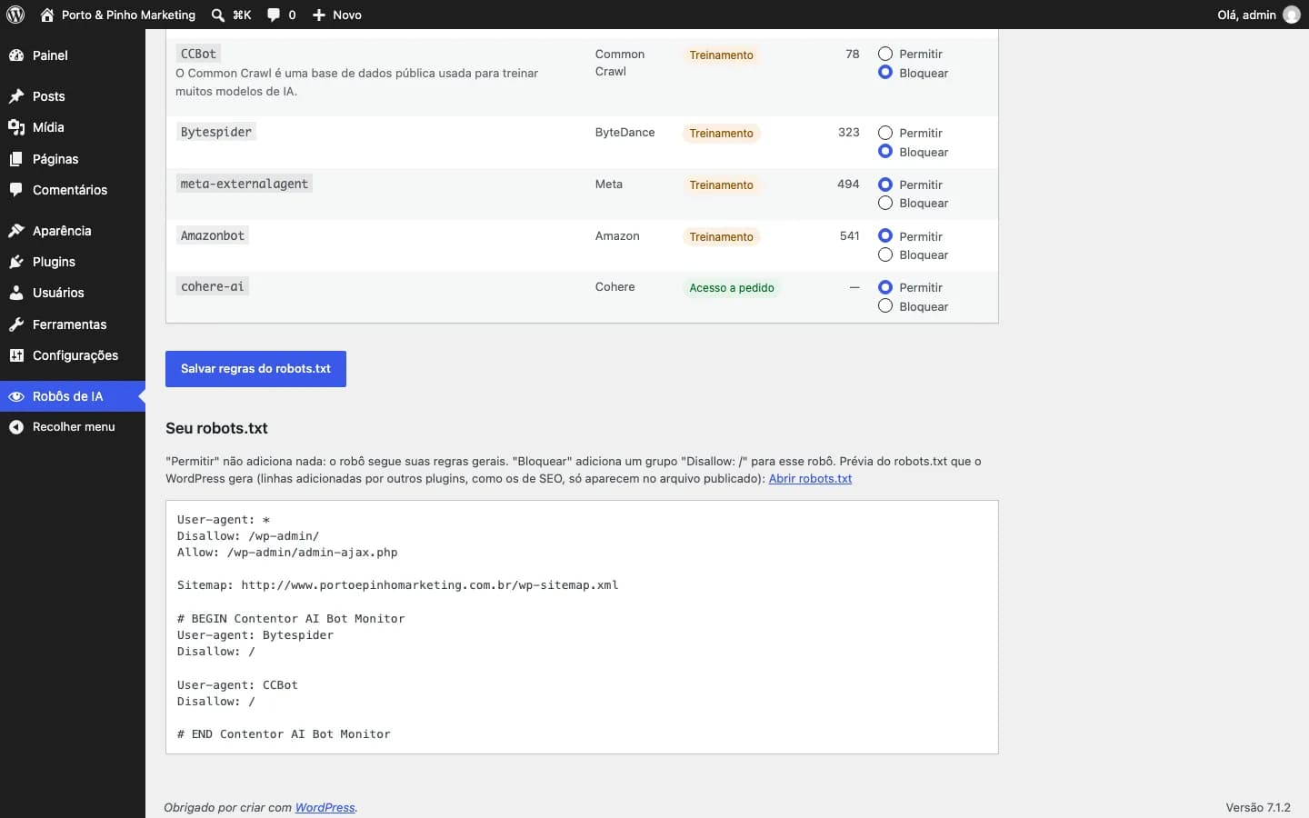 Contentor AI Bot Monitor: Dois robôs de treinamento bloqueados e a prévia do robots.txt gerado.