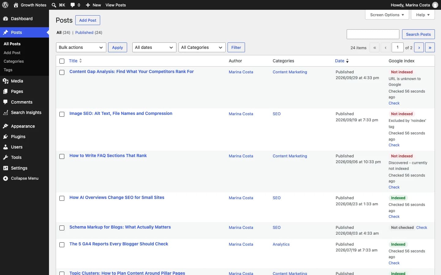Contentor Index Checker & IndexNow: Columna "Índice de Google" en la lista de entradas: indexada, no indexada con el motivo, o sin verificar.