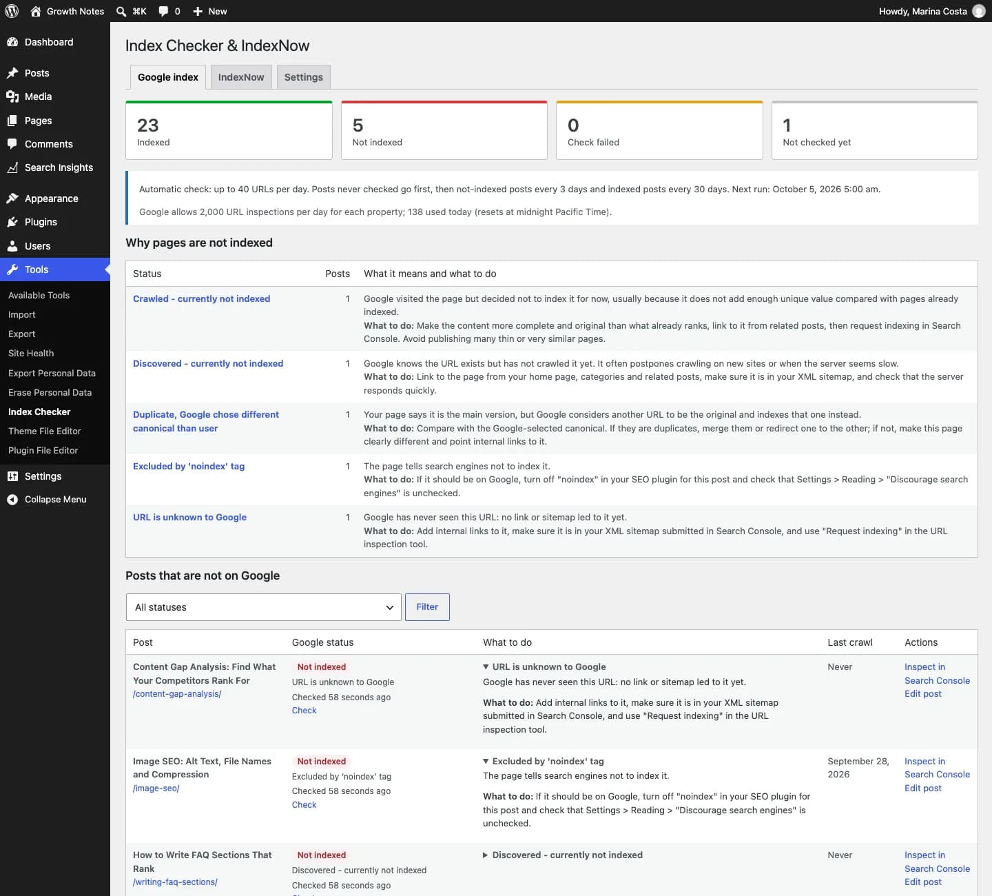 Contentor Index Checker & IndexNow: Herramientas → Index Checker: totales por estado y qué hacer en cada entrada fuera de Google.