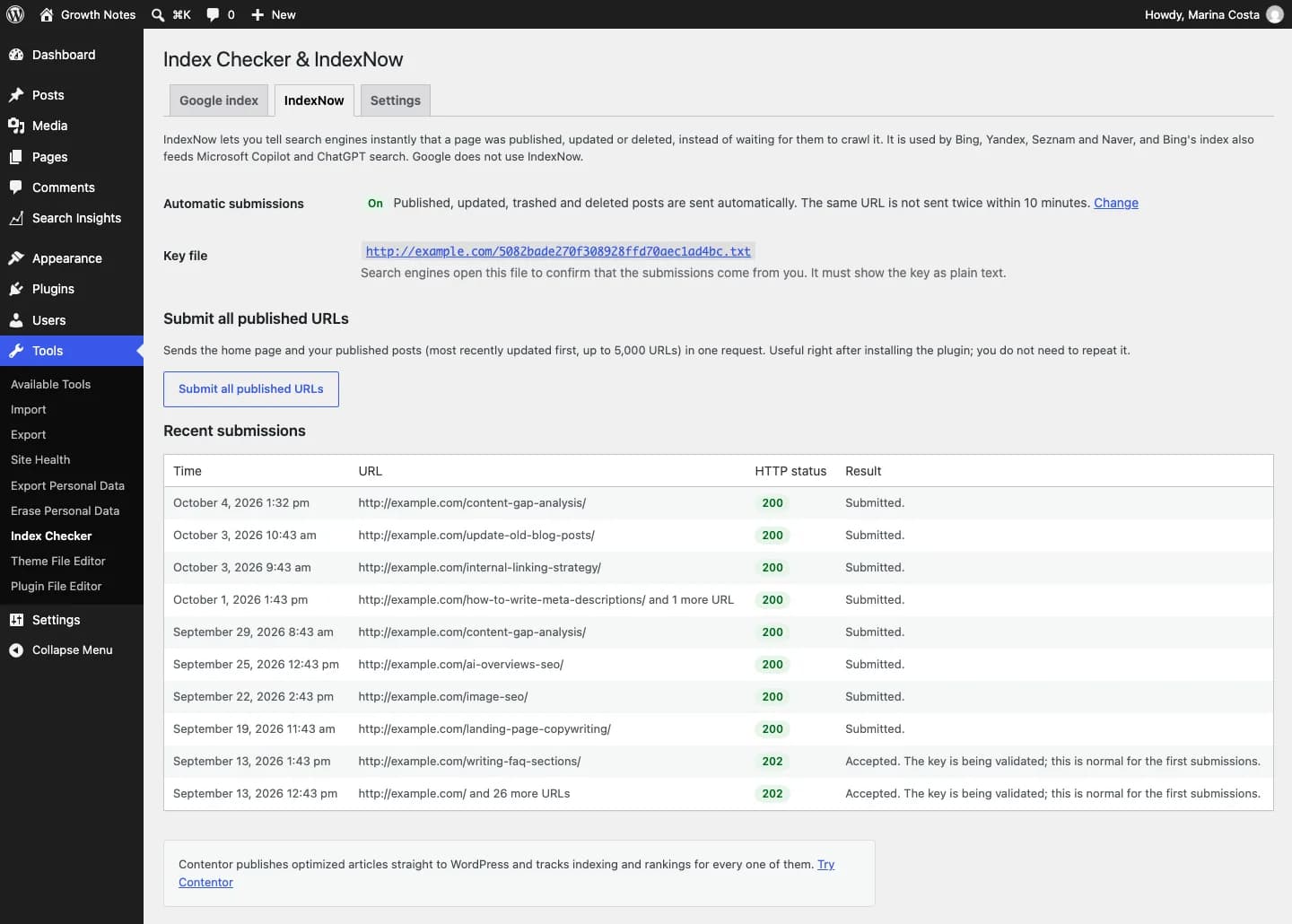 Contentor Index Checker & IndexNow: IndexNow activado: el archivo de la clave y el historial de envíos recientes.