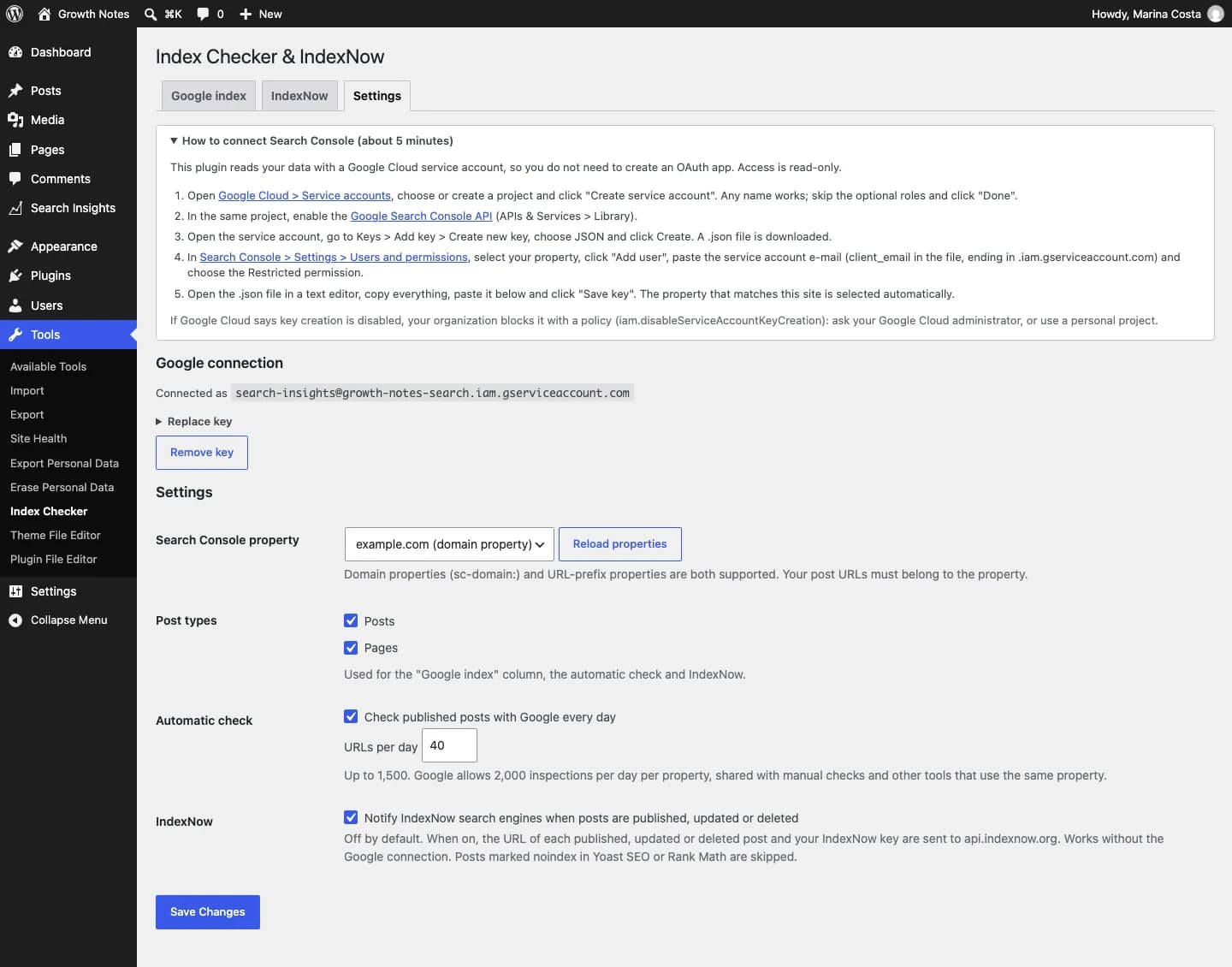 Contentor Index Checker & IndexNow: Ajustes, con la guía de conexión, los tipos de contenido y la verificación diaria automática.