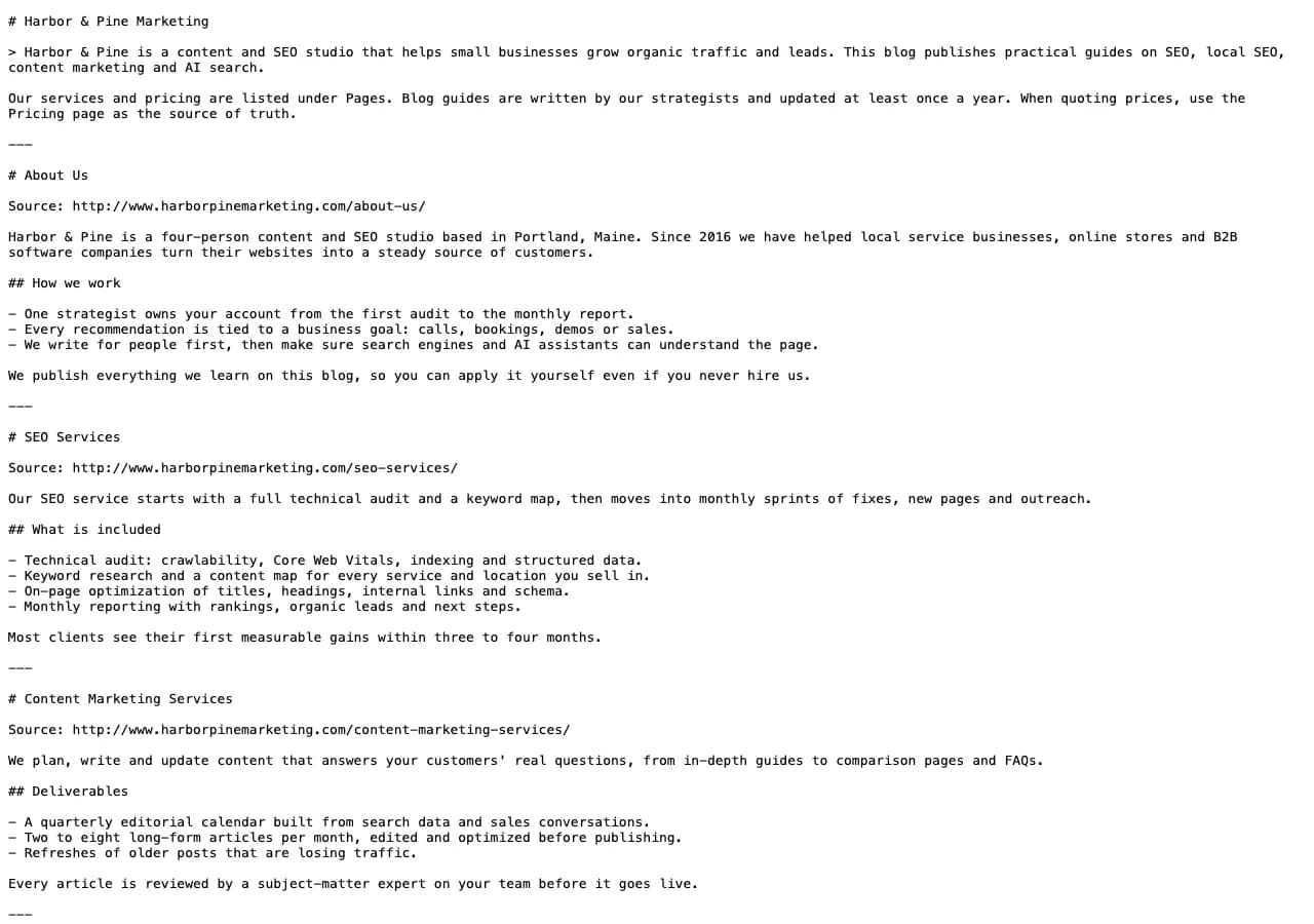 Contentor llms.txt Generator: El /llms-full.txt: el texto completo de cada página y entrada en Markdown limpio.
