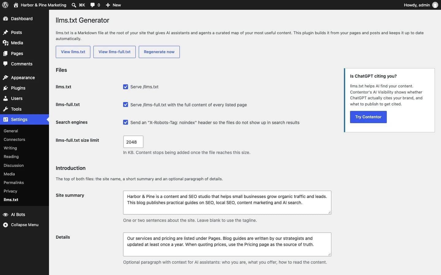 Contentor llms.txt Generator: Opciones de los archivos y la introducción que aparece al inicio de ambos.