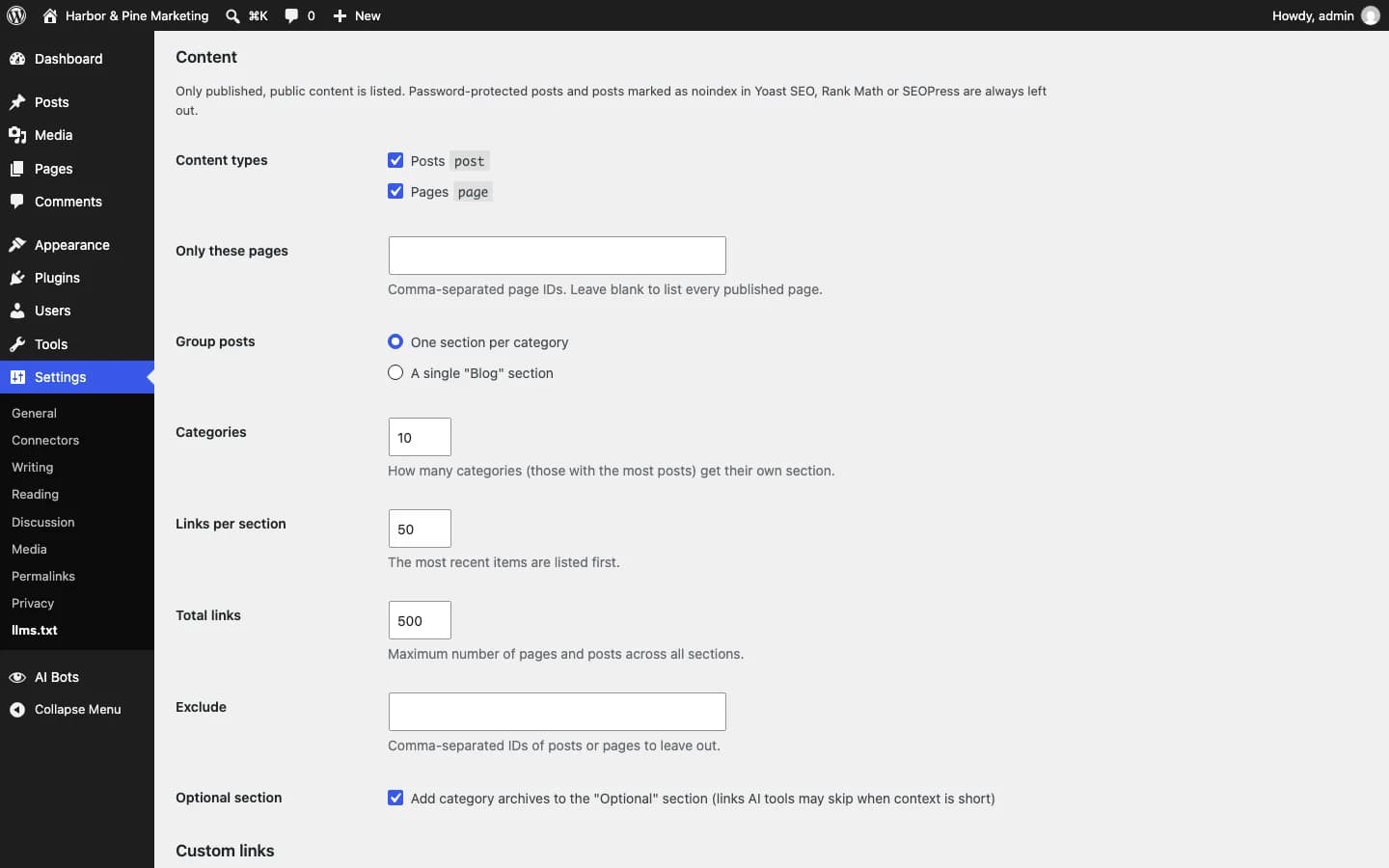 Contentor llms.txt Generator: Elige tipos de contenido, páginas, agrupación, límites y exclusiones.