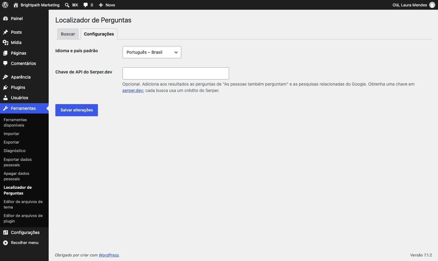 Contentor Question Finder: Configurações: idioma e país padrão e a chave opcional do Serper.dev.