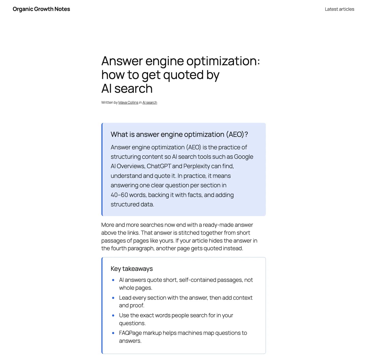 Contentor Quick Answer Block: A post opening with the Quick answer box, followed by Key takeaways.