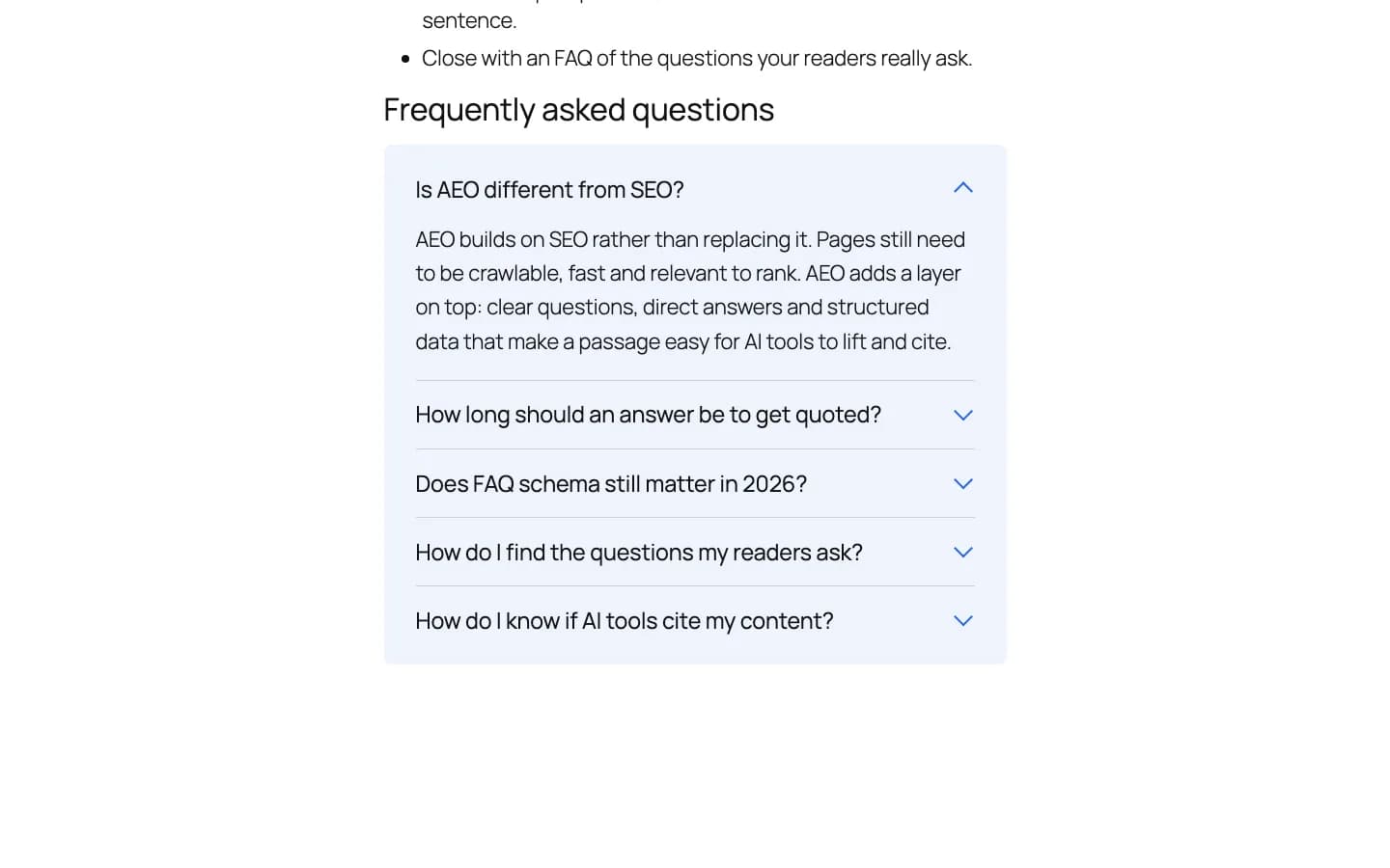 Contentor Quick Answer Block: The FAQ block on the front end, as an accordion with the first question open.