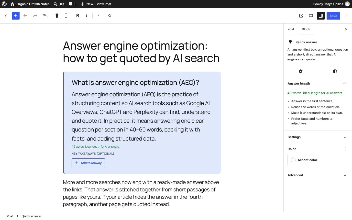 Contentor Quick Answer Block: The Quick answer block in the editor, with the live word count.