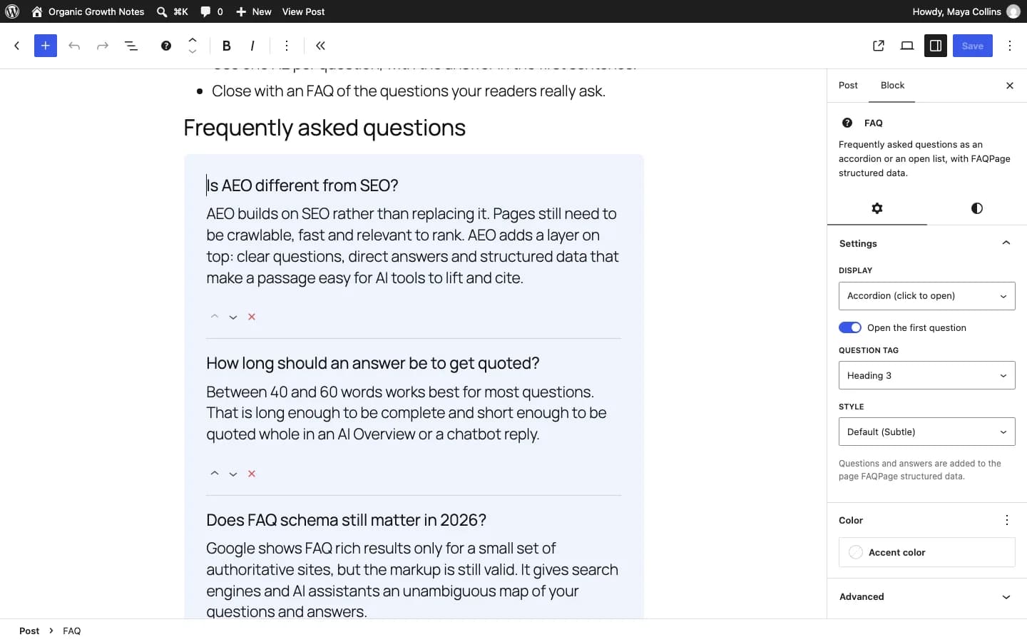Contentor Quick Answer Block: Editing the FAQ block: reorder questions and choose display, heading and style.