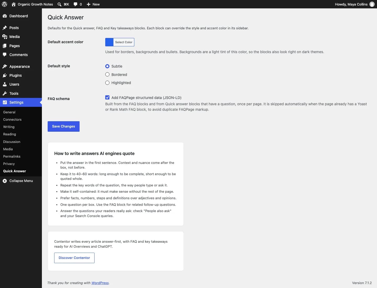 Contentor Quick Answer Block: Settings: accent color, default style, FAQPage schema and writing tips.