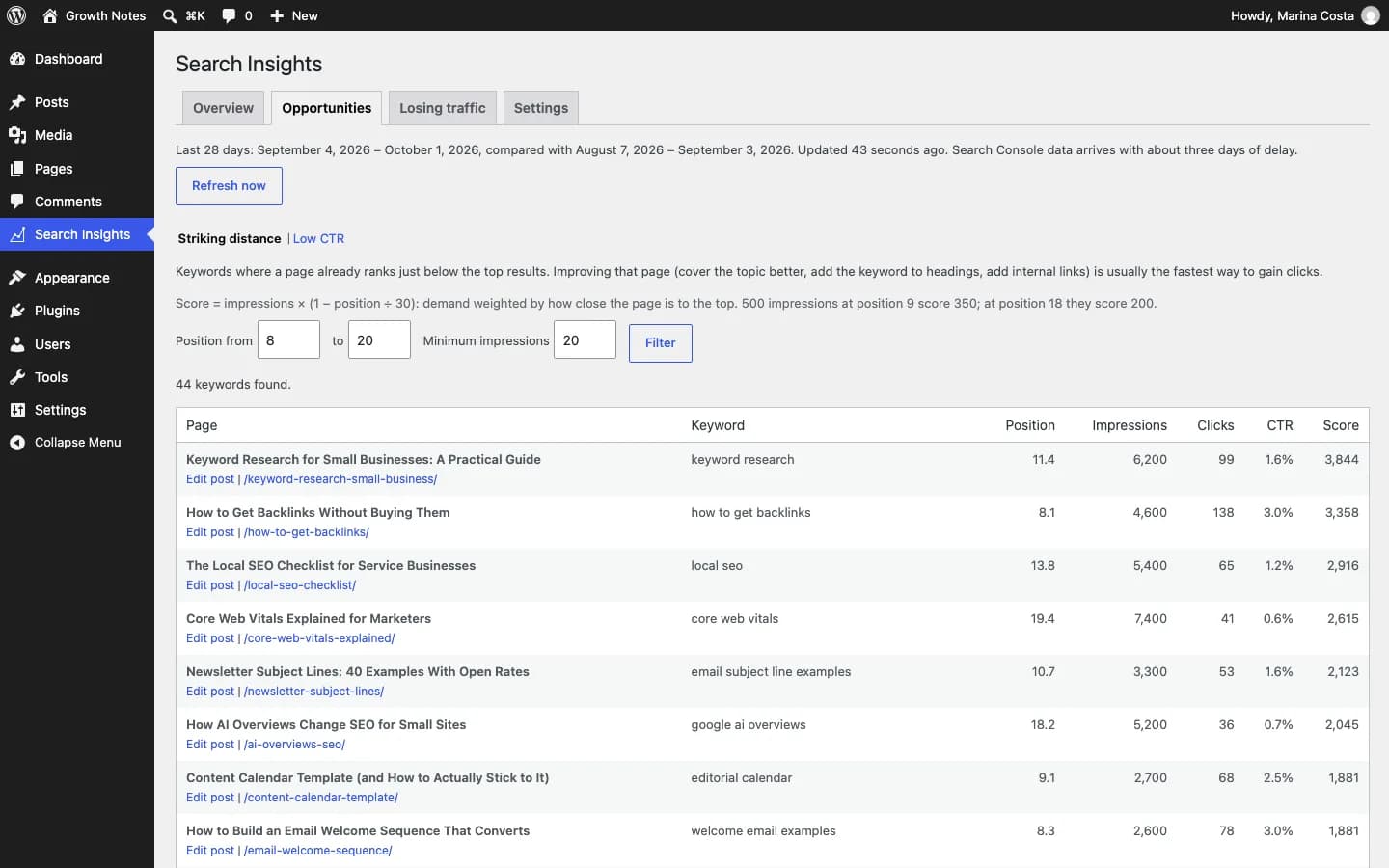 Contentor Search Console Insights: Opportunities: keywords in positions 8–20, ranked by upside, with a link to edit each post.