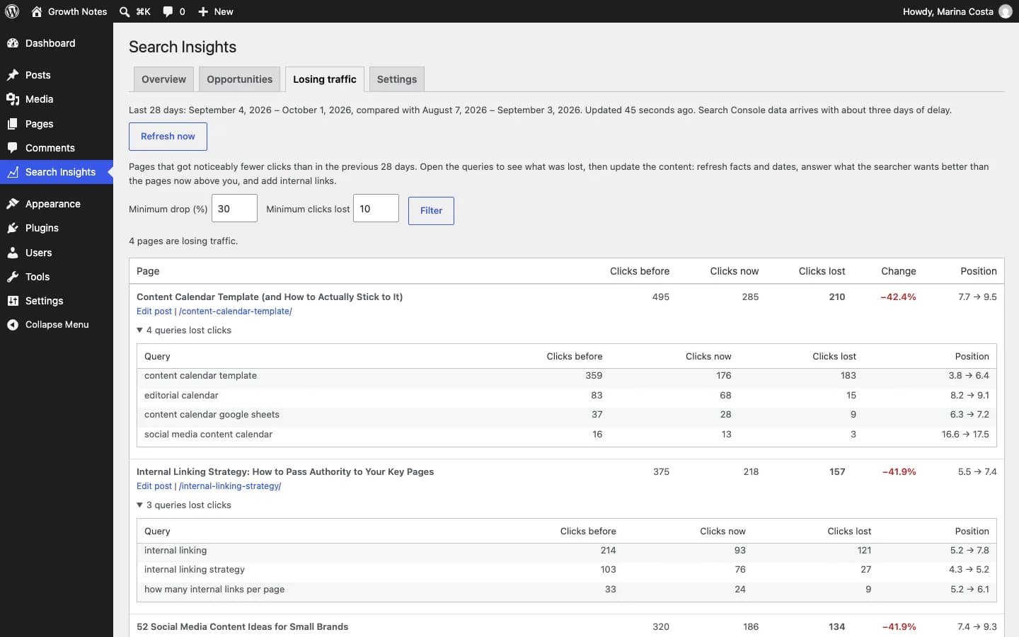 Contentor Search Console Insights: Losing traffic: pages whose clicks dropped and the queries that lost the most.