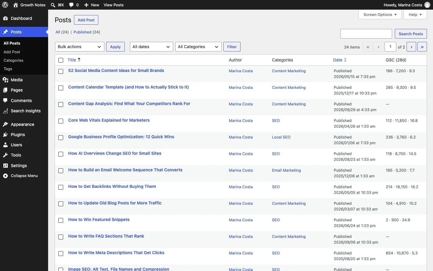 Contentor Search Console Insights: The "GSC (28d)" column in the post list: clicks, impressions and average position of every post.