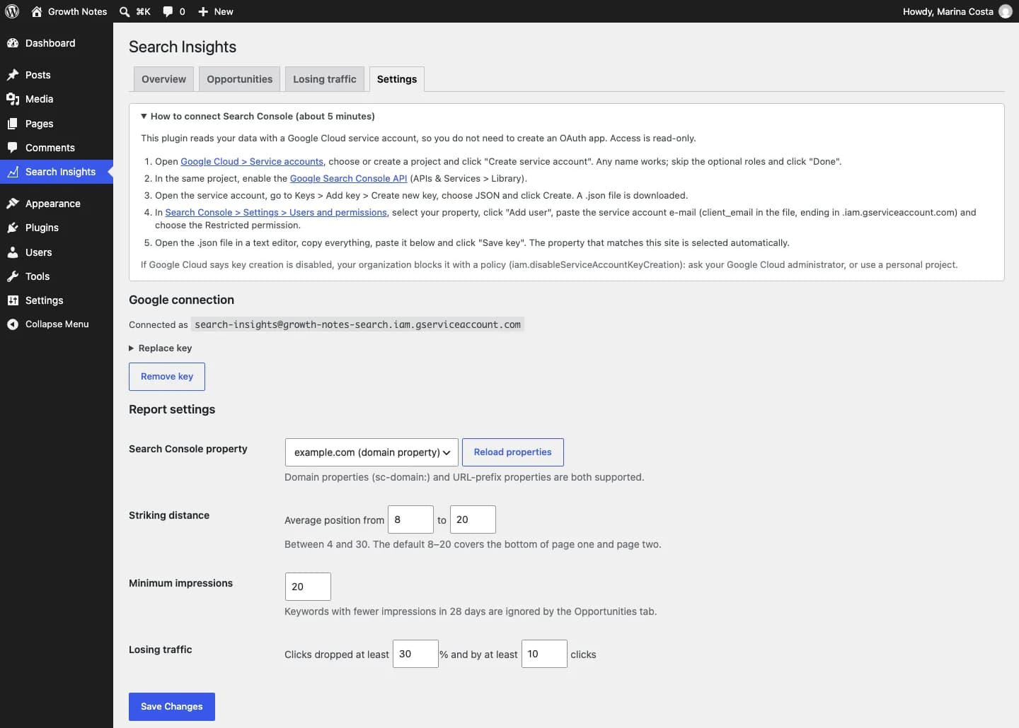 Contentor Search Console Insights: Settings, with the guide to connect Search Console through a read-only service account.