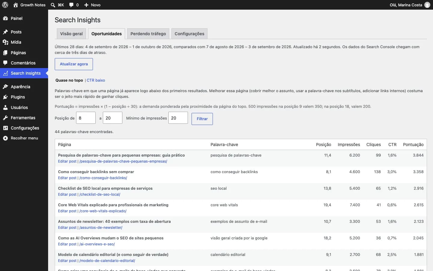 Contentor Search Console Insights: Oportunidades: palavras-chave nas posições 8 a 20, ordenadas por potencial, com link para editar o post.