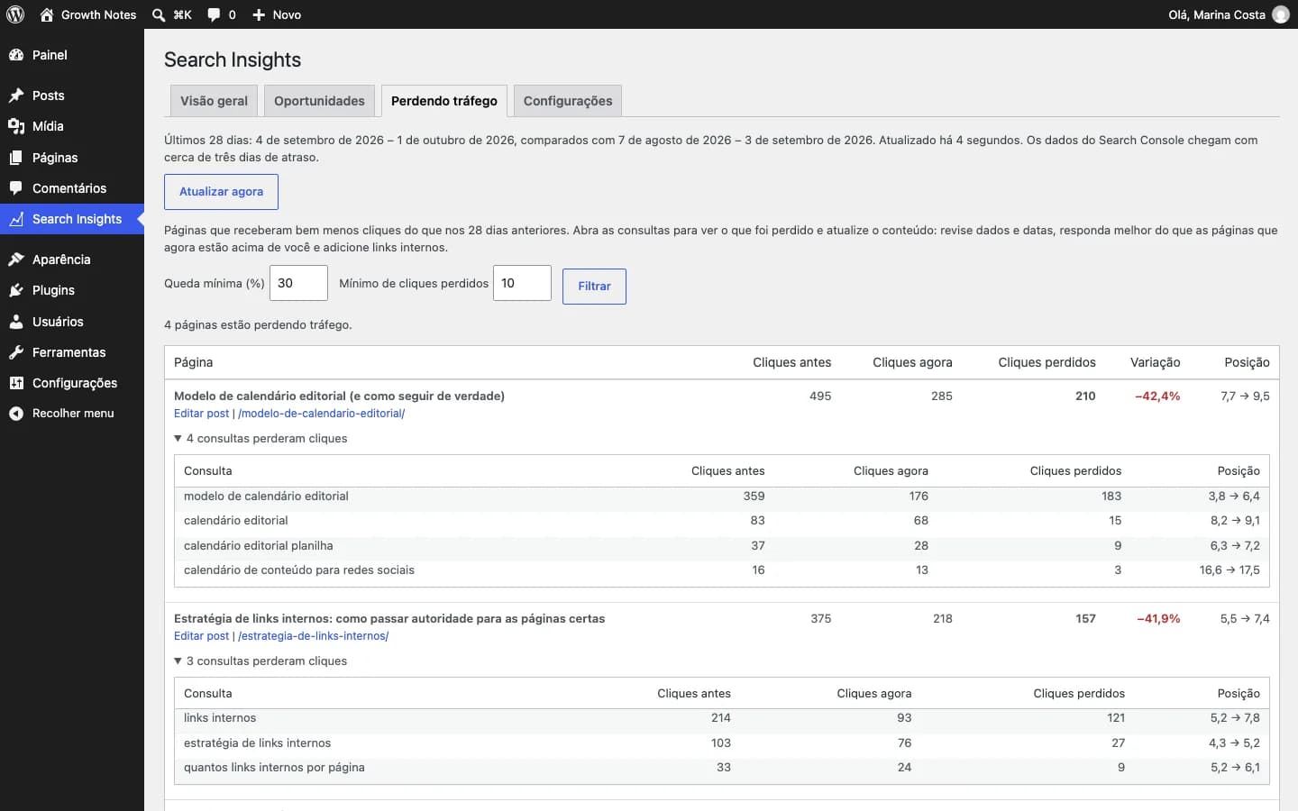 Contentor Search Console Insights: Perdendo tráfego: páginas que perderam cliques e as consultas que mais caíram.