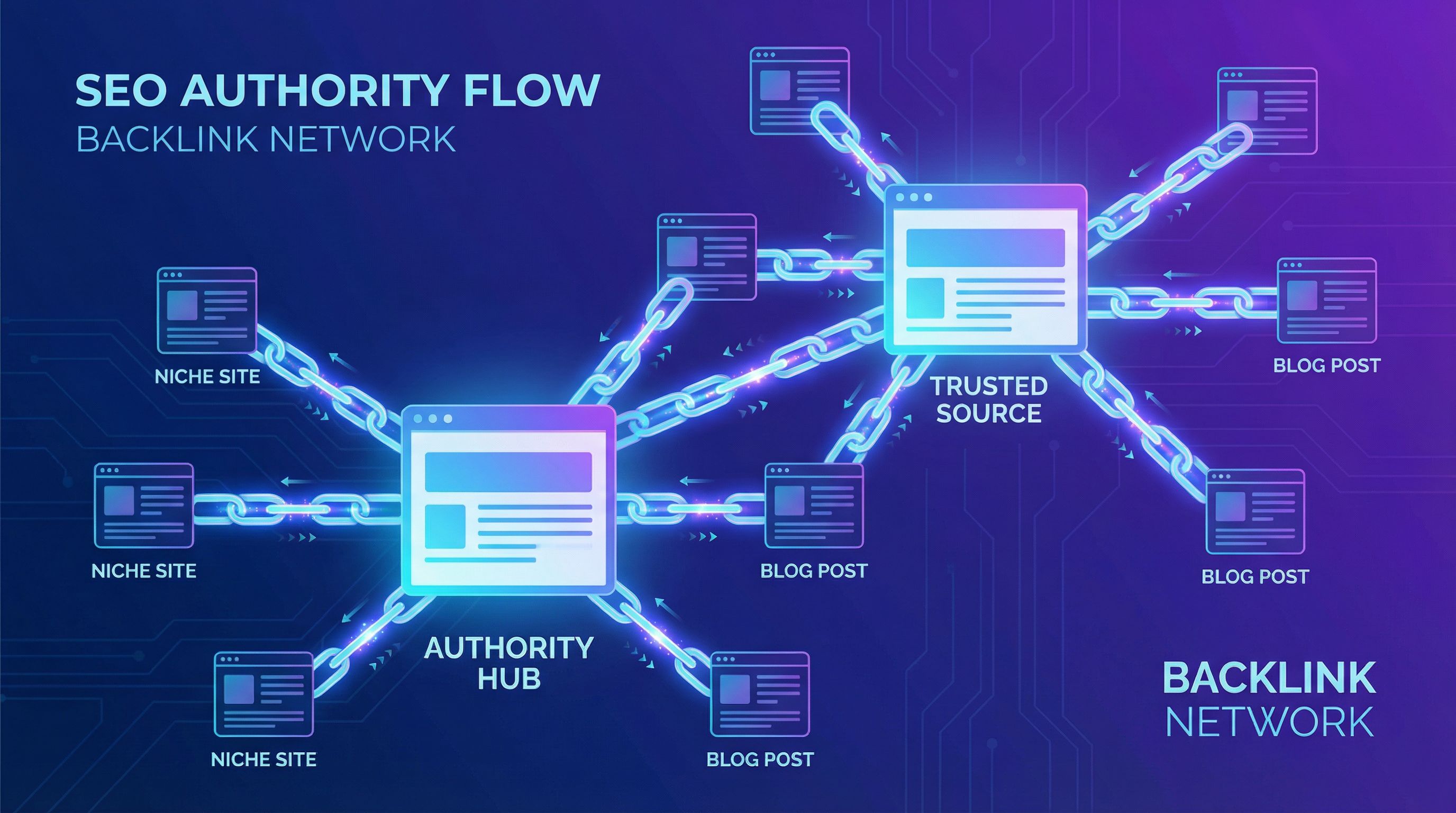 Ilustração de rede de links conectando múltiplos domínios Rede de backlinks conectando sites - conceito de autoridade SEO