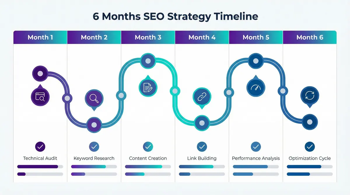 Timeline de link building mês a mês para sites recém lançados Cronograma de 6 meses para estratégia de SEO